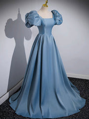 A Line Satin Blue Prom Dress Long Formal Gown Evening Dress