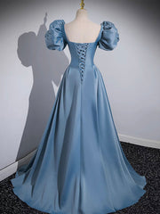 A Line Satin Blue Prom Dress Long Formal Gown Evening Dress
