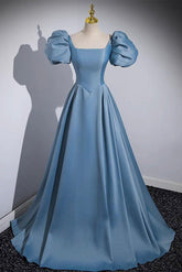 A Line Satin Blue Prom Dress Long Formal Gown Evening Dress