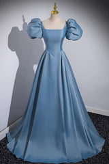 A Line Satin Blue Prom Dress Long Formal Gown Evening Dress