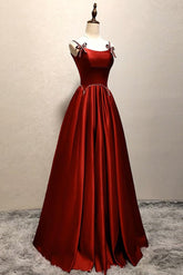 A Line Satin Burgundy Prom Dress Long Formal Dress Evening Dress