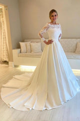 A Line Satin Lace Long Sleeve White Wedding Dress Bridal Gown With Appliques