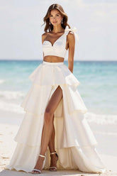 A Line Satin White 2 Piece Ruffled Long Graduation Dress With Slit