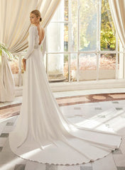 A Line Scoop Neck Long Sleeves Court Train Elastic Satin Wedding Dress With Lace: