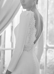 A Line Scoop Neck Long Sleeves Court Train Elastic Satin Wedding Dress With Lace: