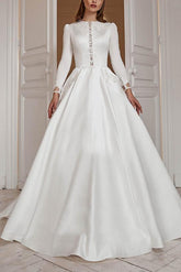 A Line Scoop Neck Long Sleeves Sweep Train Satin Wedding Dress