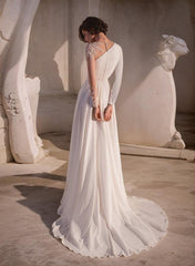 A Line Scoop Neck Long Sleeves Sweep Train Wedding Dress With Front Split
