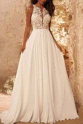 A Line Scoop Neck Sleeveless Lace Wedding Dress With Appliques Lace