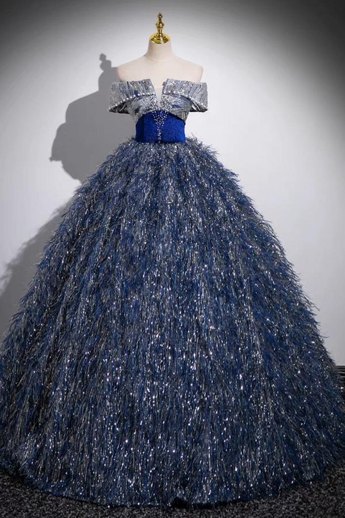 A Line Shiny Sequin Blue Prom Dress Long Formal Evening Dress