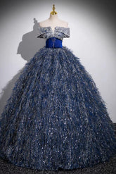 A Line Shiny Sequin Blue Prom Dress Long Formal Evening Dress