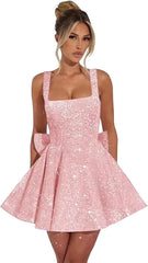 A Line Short Homecoming Dress Square Neck Mini Cocktail Dress with Bow