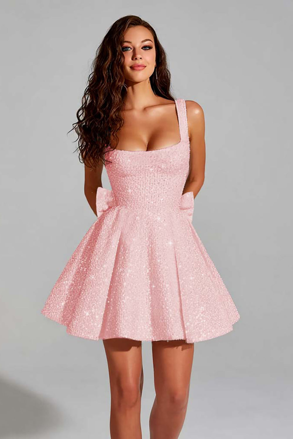 A Line Short Homecoming Dress Square Neck Mini Cocktail Dress with Bow