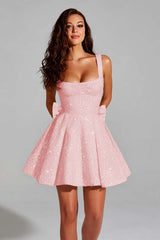 A Line Short Homecoming Dress Square Neck Mini Cocktail Dress with Bow
