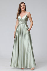 A-Line Sleeveless Long Silk Satin Bridesmaid Dresses with Pockets & Split Side