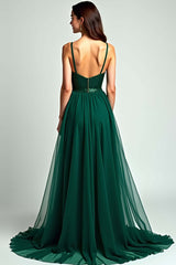 A Line Spaghetti Straps Dark Green Wedding Guest Dress Long Formal Dress With Slit