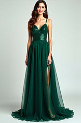 A Line Spaghetti Straps Dark Green Wedding Guest Dress Long Formal Dress With Slit