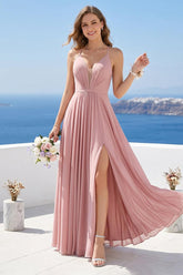 A-Line Spaghetti Straps Sleeveless Backless Split Side Floor-Length Chiffon Bridesmaid Dresses