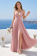 A-Line Spaghetti Straps Sleeveless Backless Split Side Floor-Length Chiffon Bridesmaid Dresses