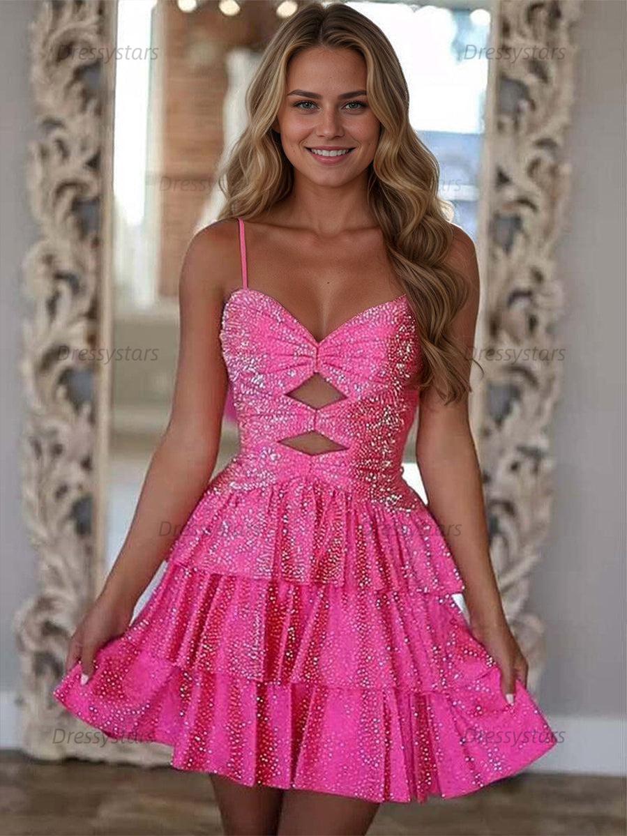 Dressystars A Line Spaghetti Straps Sweetheart Satin Homecoming Dress with Keyhole