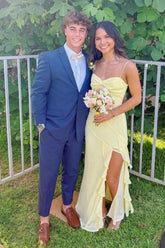 A Line Spaghetti Straps Yellow Long Prom Dress With Split Front Formal Evening Gown