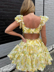 Dressystars A-Line Square Neck Floral Print Tulle Short Homecoming Dress