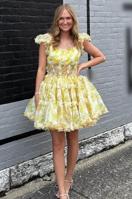 Dressystars A-Line Square Neck Floral Print Tulle Short Homecoming Dress