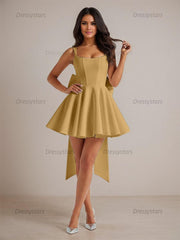 Dressystars A-Line Square Neck Pleated Homecoming Dresses Mini Cocktail Dress with Bow