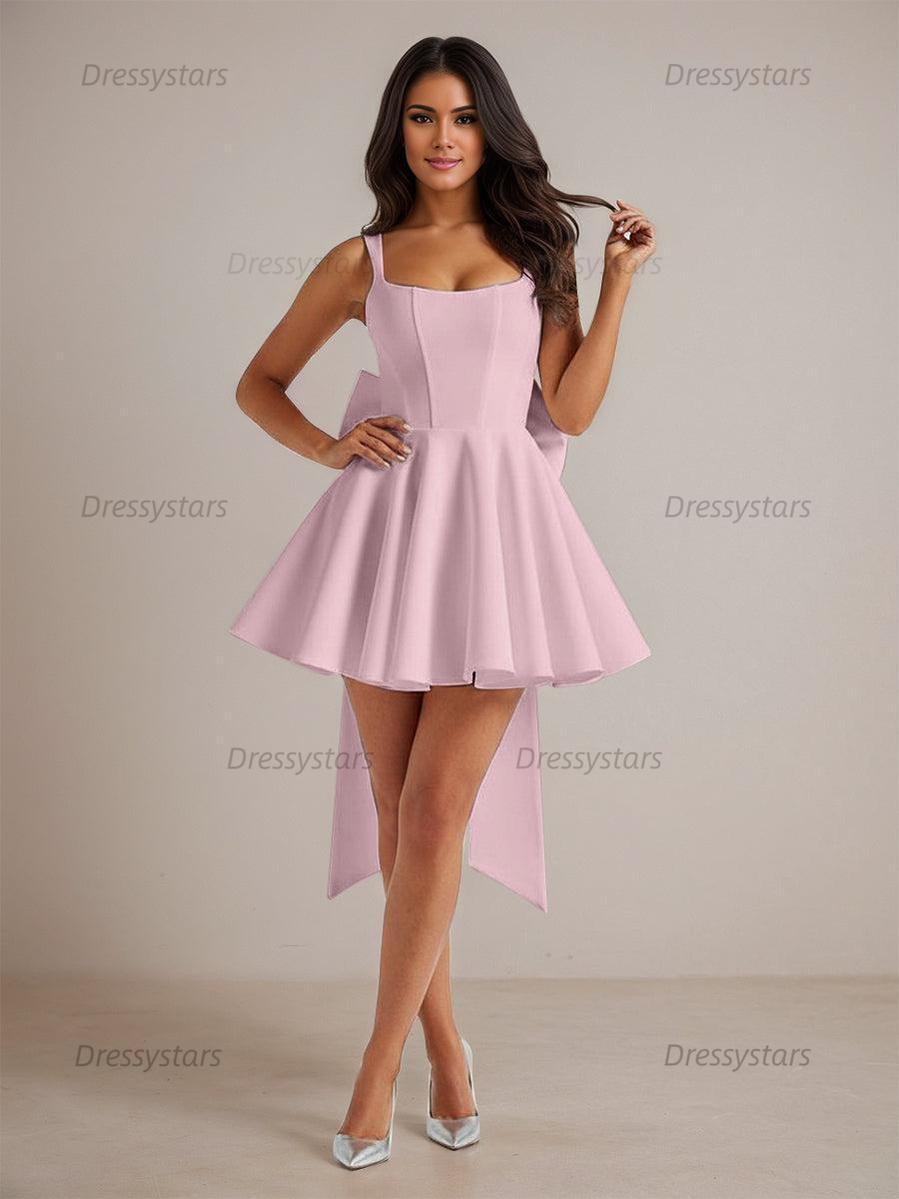 Dressystars A-Line Square Neck Pleated Homecoming Dresses Mini Cocktail Dress with Bow