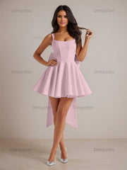 Dressystars A-Line Square Neck Pleated Homecoming Dresses Mini Cocktail Dress with Bow