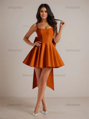 Dressystars A-Line Square Neck Pleated Homecoming Dresses Mini Cocktail Dress with Bow