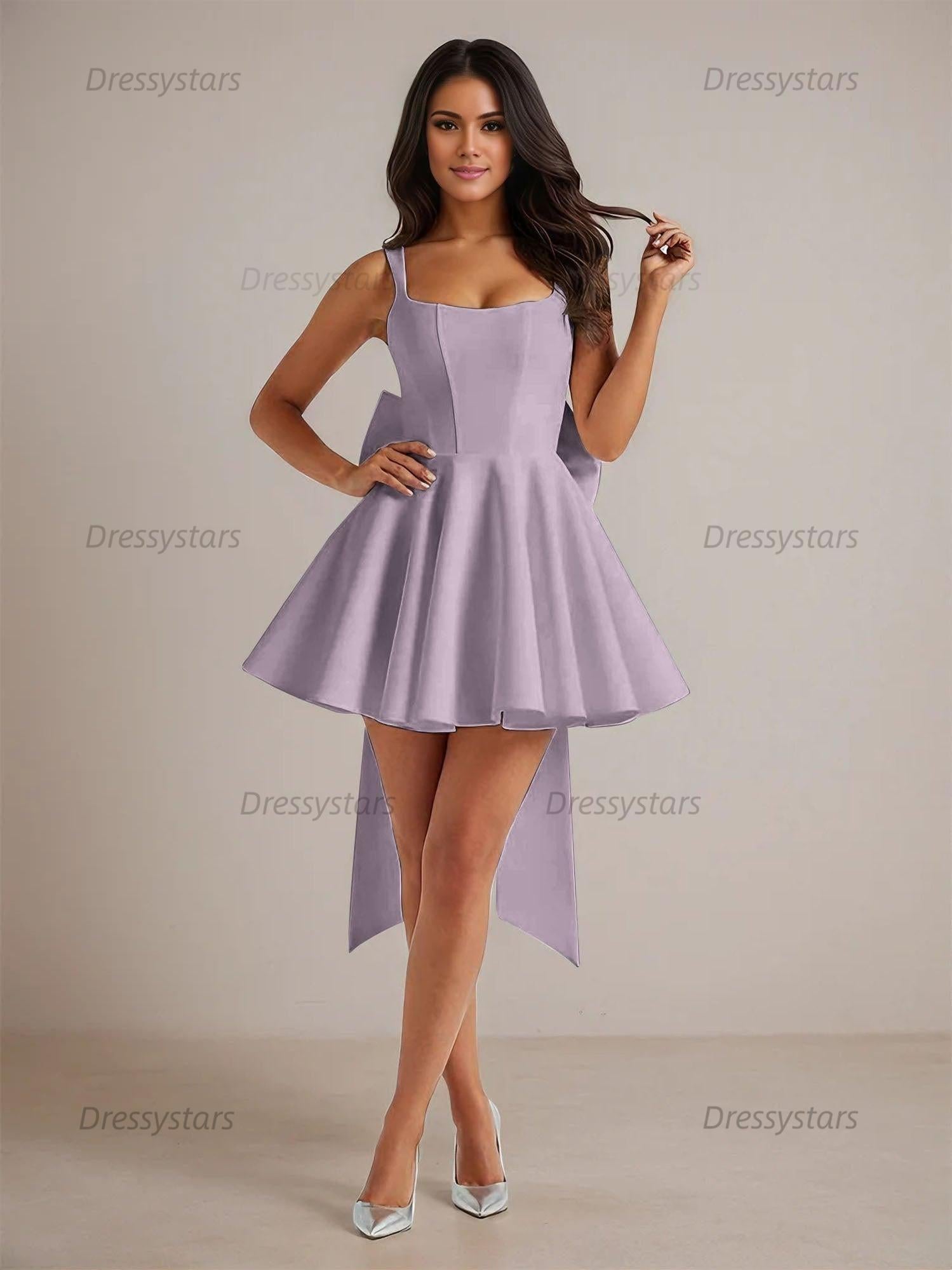 Dressystars A-Line Square Neck Pleated Homecoming Dresses Mini Cocktail Dress with Bow