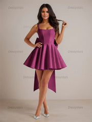 Dressystars A-Line Square Neck Pleated Homecoming Dresses Mini Cocktail Dress with Bow