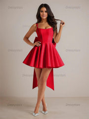 Dressystars A-Line Square Neck Pleated Homecoming Dresses Mini Cocktail Dress with Bow