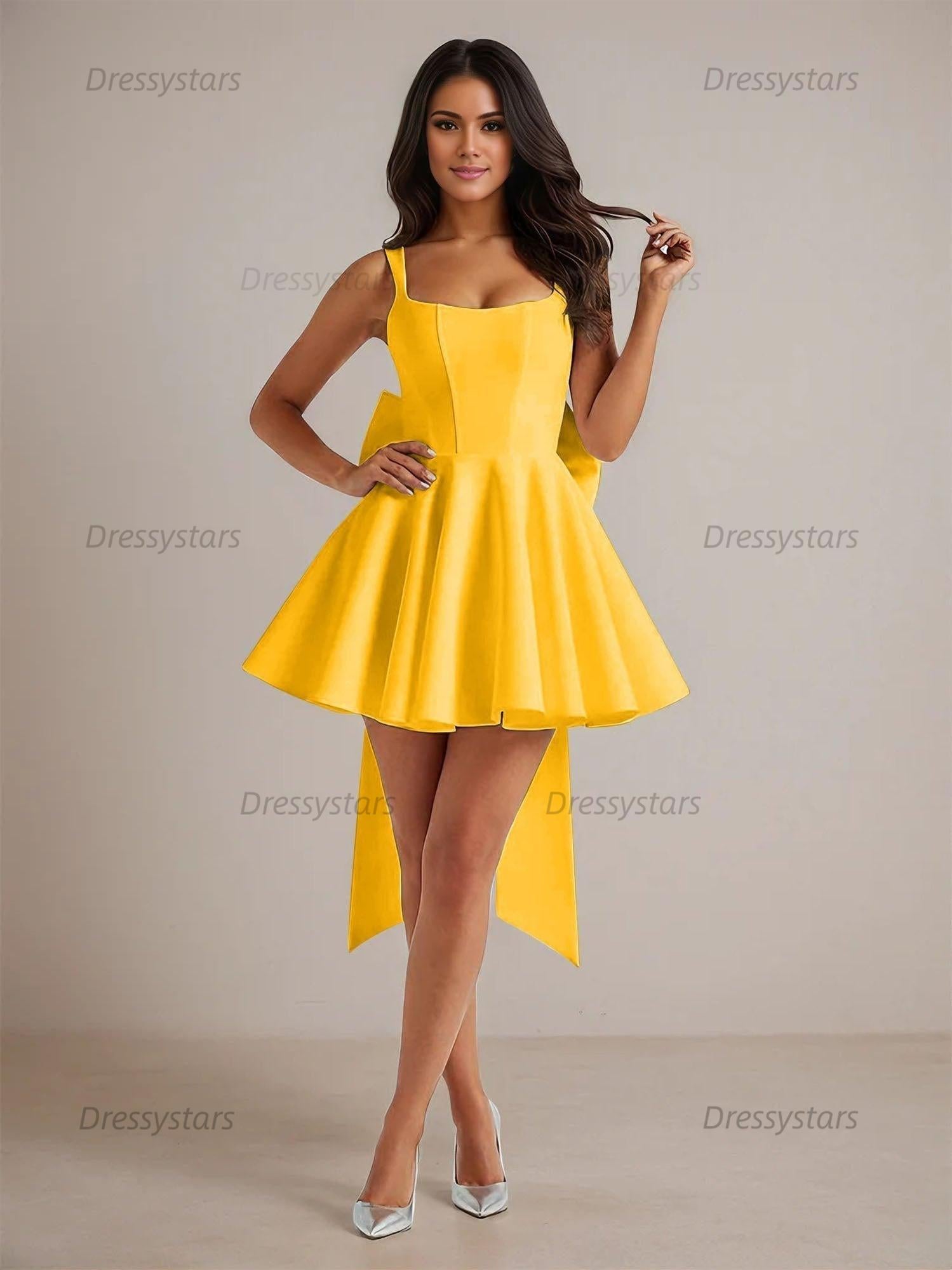 Dressystars A-Line Square Neck Pleated Homecoming Dresses Mini Cocktail Dress with Bow