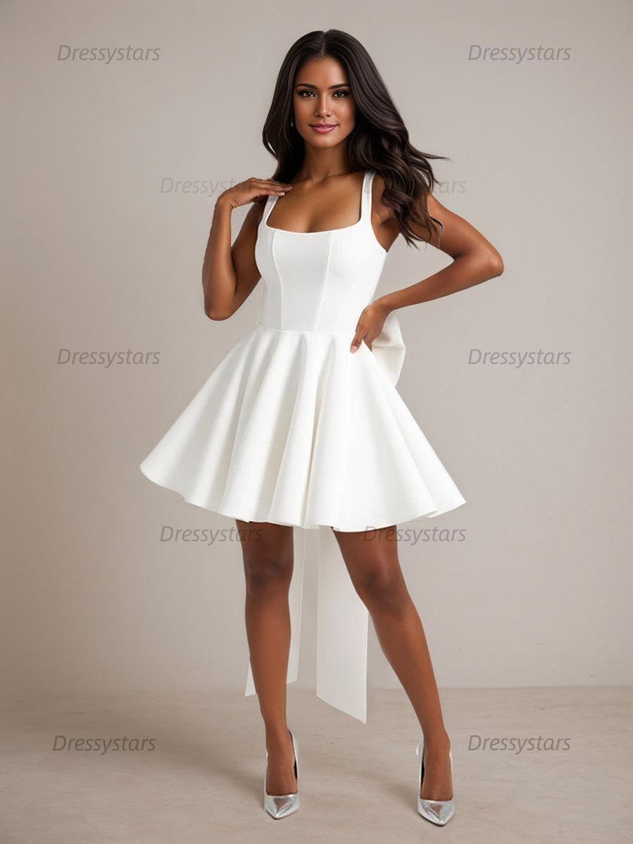 Dressystars A-Line Square Neck Pleated Homecoming Dresses Mini Cocktail Dress with Bow