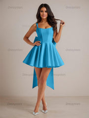 Dressystars A-Line Square Neck Pleated Homecoming Dresses Mini Cocktail Dress with Bow