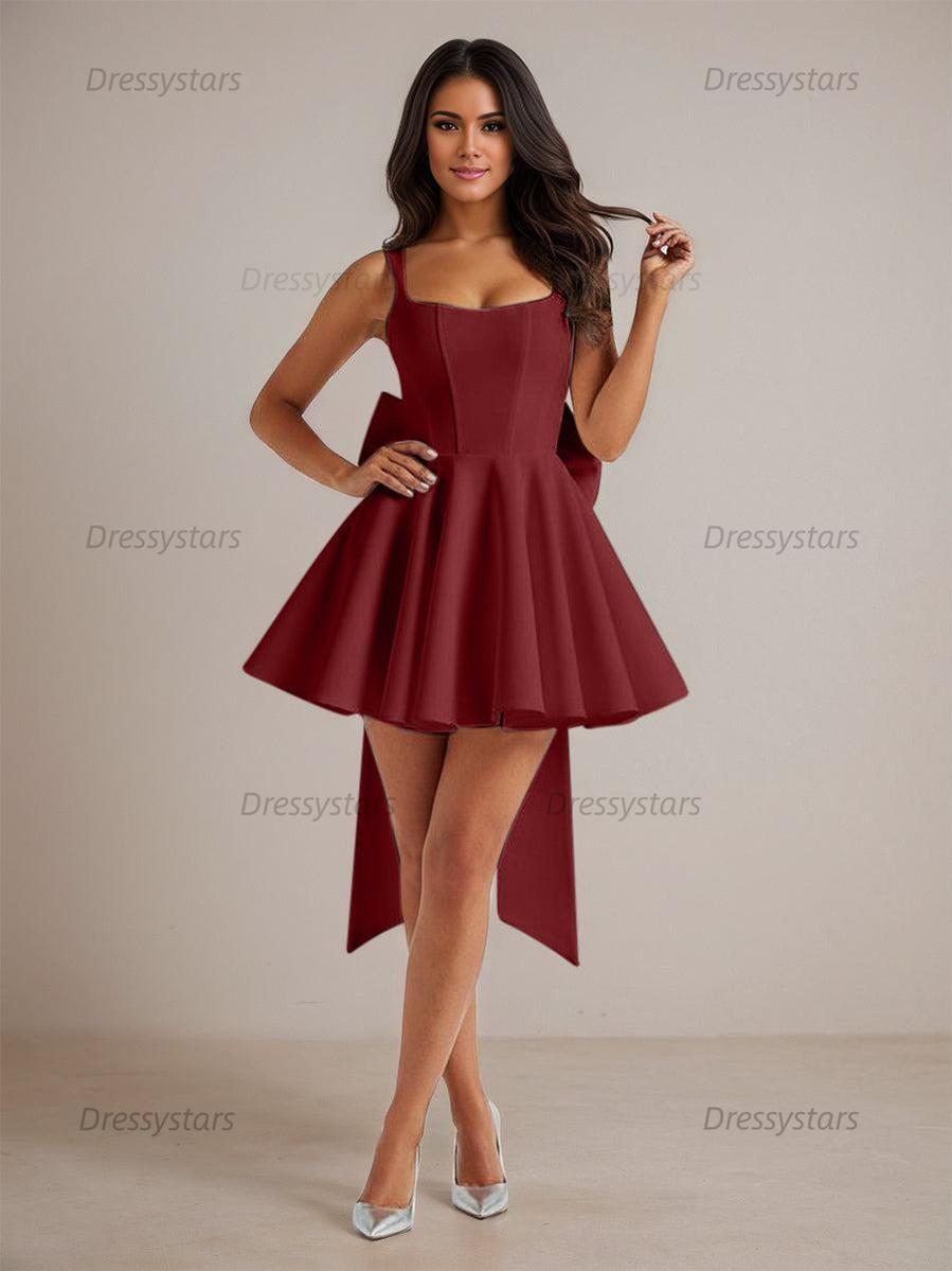 Dressystars A-Line Square Neck Pleated Homecoming Dresses Mini Cocktail Dress with Bow