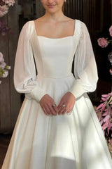 A Line Square Neckline Long Sleeves Floor Length Chiffon Elastic Satin Wedding Dress