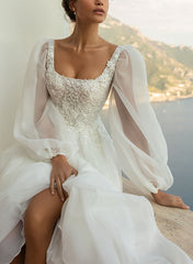 A Line Square Neckline Long Sleeves Lace/Tulle Bridal Gowns