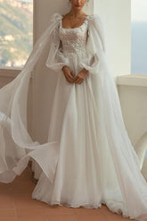 A Line Square Neckline Long Sleeves Lace/Tulle Bridal Gowns