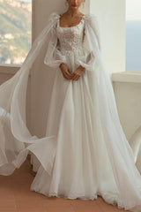 A Line Square Neckline Long Sleeves Lace/Tulle Bridal Gowns