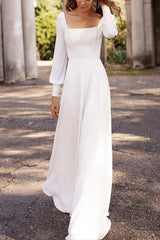 A Line Square Neckline Long Sleeves Satin Sweep Train Wedding Dress