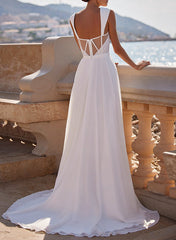 A Line Square Neckline Sleeveless Chiffon Wedding Dress With High Split