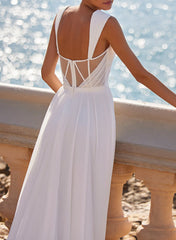 A Line Square Neckline Sleeveless Chiffon Wedding Dress With High Split