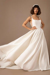 A Line Square Neckline Sleeveless Satin Court Train Wedding Dress With Pleated Pockets