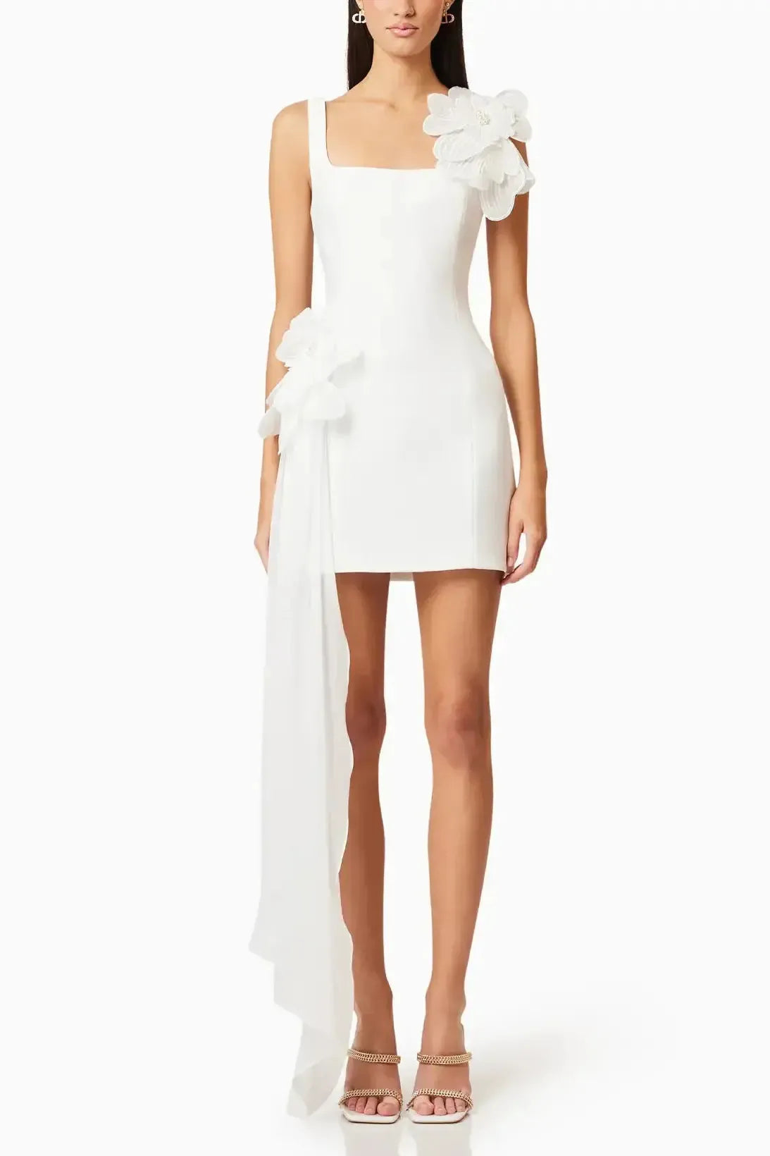 A Line Square Neckline Sleeveless Short Mini Satin Tulle Wedding Dress with Side Drape