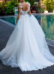 A Line Square Neckline Sleeveless Sweep Train Lace/Tulle Bridal Gowns
