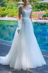 A Line Square Neckline Sleeveless Sweep Train Lace/Tulle Bridal Gowns