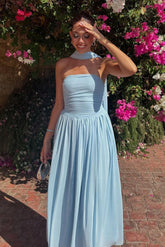 A Line Strapless Blue Long Prom Dress With Scarf Formal Evening Gown