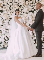 A Line Strapless Chapel Train Elegant Satin Wedding Dress With Front Split